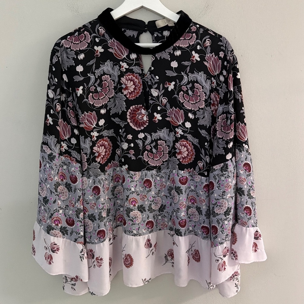LOFT Women XL Floral Mix Print Tiered Blouse Velvet Mock Neck‎ Bell Sleeve Black